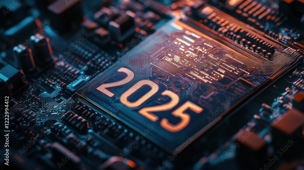 Poster microchip and circuit board featuring year 2025, representing future technology, innovation, and adv