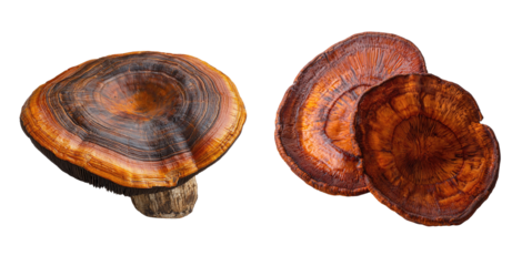 Ganoderma lucidum mushrooms, reishi fungi isolated transparent background