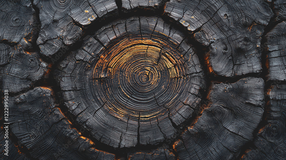 Poster close up of a tree stump surrounded by a circle of fire on a dark background in nature environment