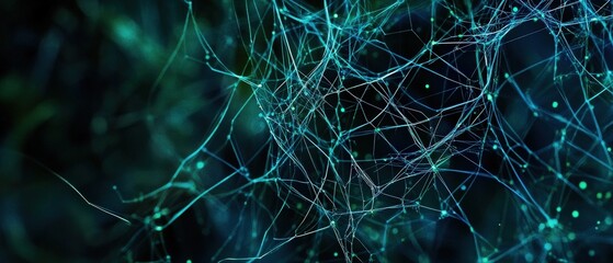 Network connections and data visualization with abstract lines and nodes on a dark background. Technology, digital design, and cybersecurity concept.