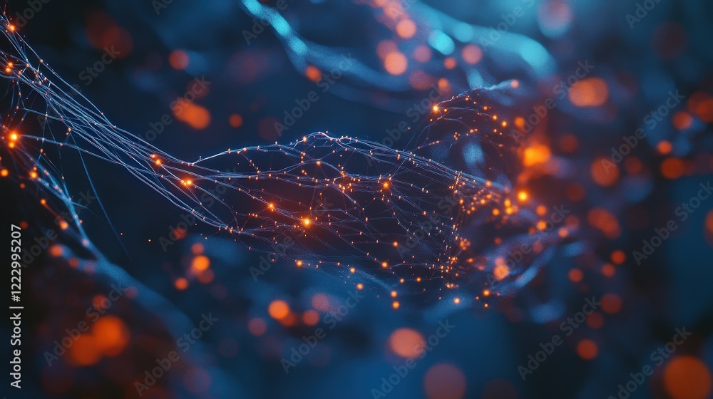 Poster network connections illuminated by glowing particles, showcasing technology and innovation in digita