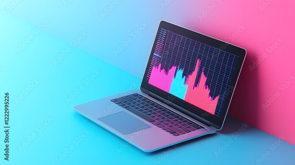 Poster laptop with detailed sales and performance metrics displayed on digital screen in high-tech blue