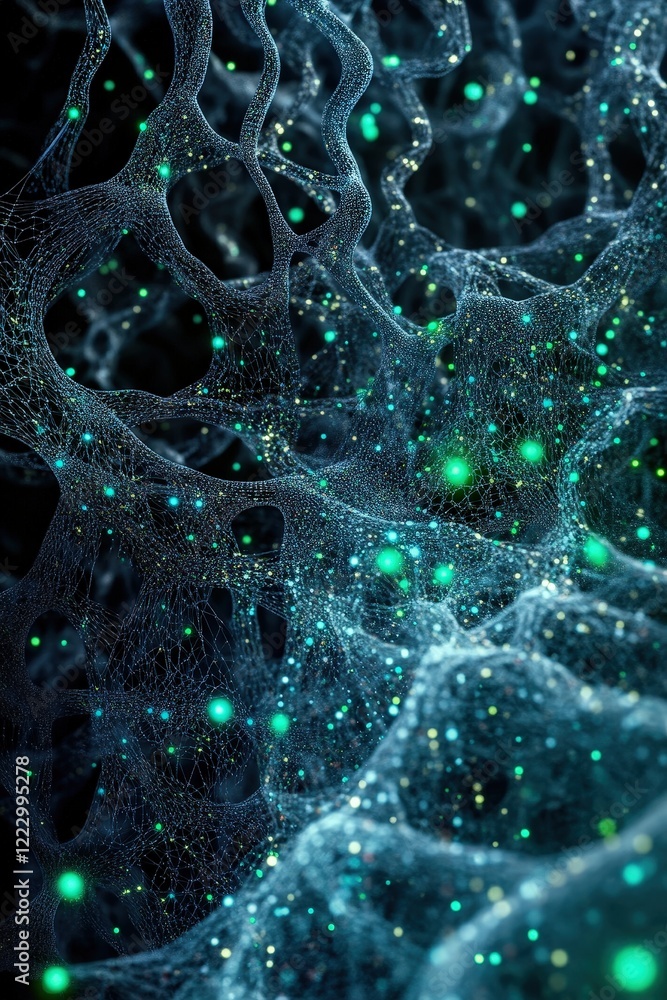 Poster network, digital particles and glowing elements in abstract motion illustration representing artific