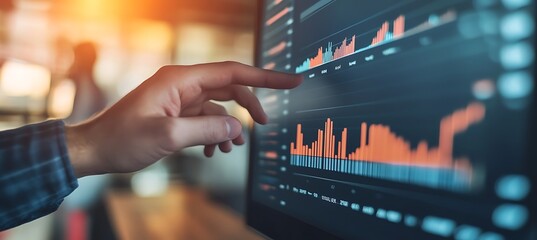 A financial analyst presenting BI data on a digital board, with an empty space for text