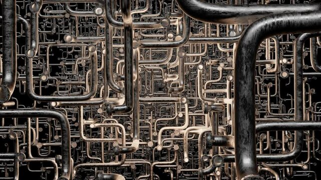 rotating camera flies through many different curved metal pipes. 3d render looped animation