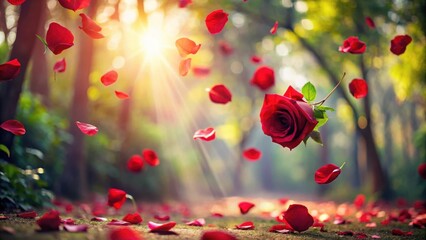 Obraz premium Delicate red rose petals gently float away in a gentle breeze carried by soft sunlight filtering through trees , ambiance