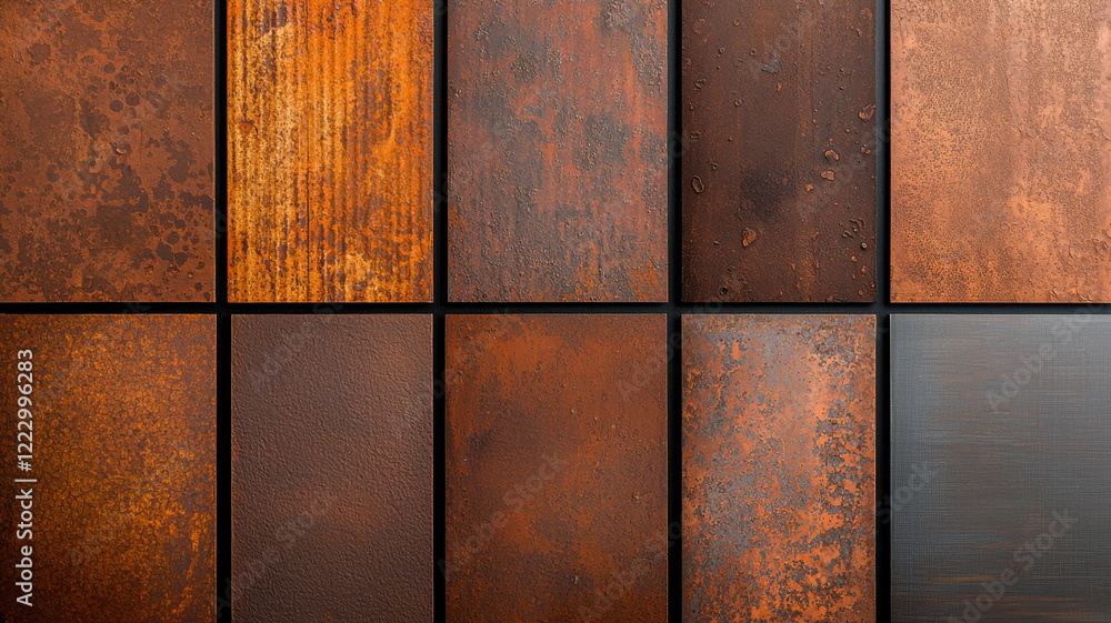 Poster representations of rust concept, rust themed textured panels in minimalist arrangement