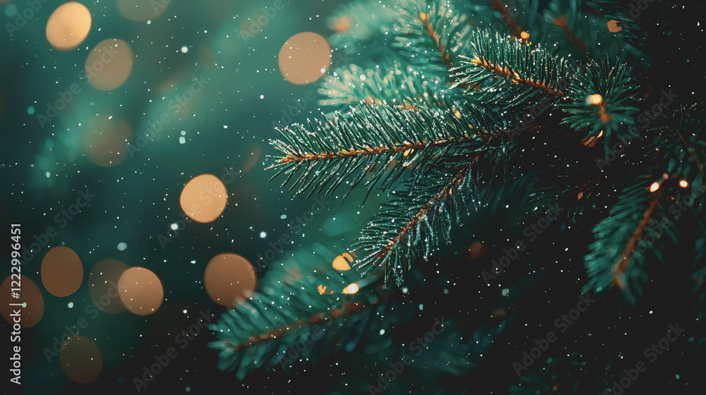 Aufkleber christmas tree branch covered in snow with colorful bokeh lights creating a festive holiday atmosphe