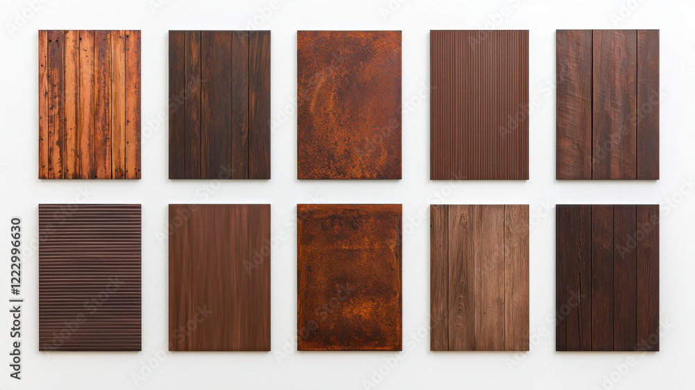 Poster representations of rust concept, minimalist rust themed prints arranged in grid pattern on wall