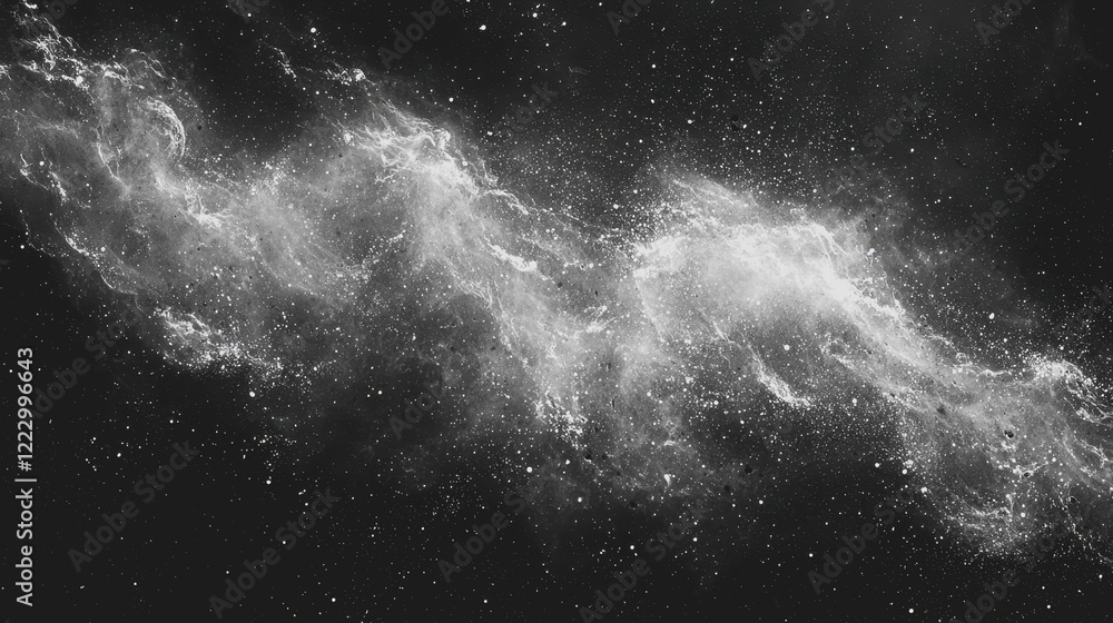 Poster black and white image of a nebula showcasing intricate patterns and shapes in the cosmos with stars 