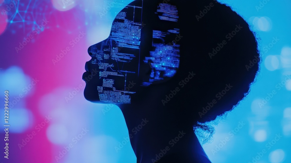 Poster profile silhouette of a woman with digital data overlay, exploring concepts of technology, innovatio