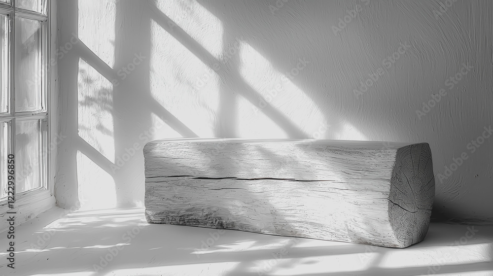 Poster wooden bench positioned in front of a large window with natural light illuminating the space and cre