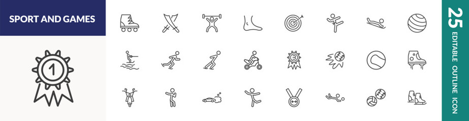 Fototapeta premium outline sport and games icons set. editable linear roller skate, weight lifting, bullseye, and other 22 icons in this category isolated on transparent background.