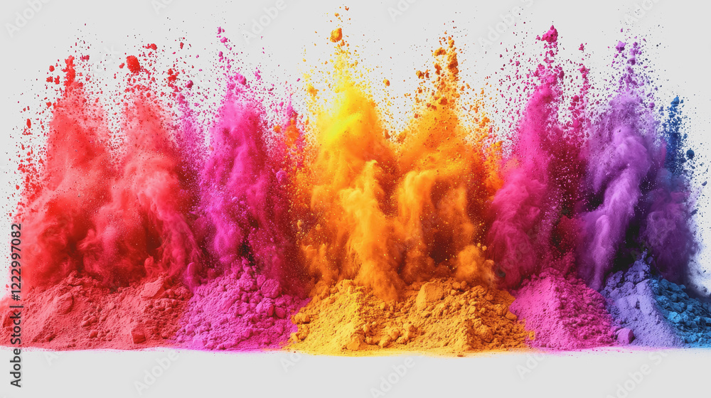 Poster group of colored powders in various shades arranged in bowls on a white surface creating a vibrant v