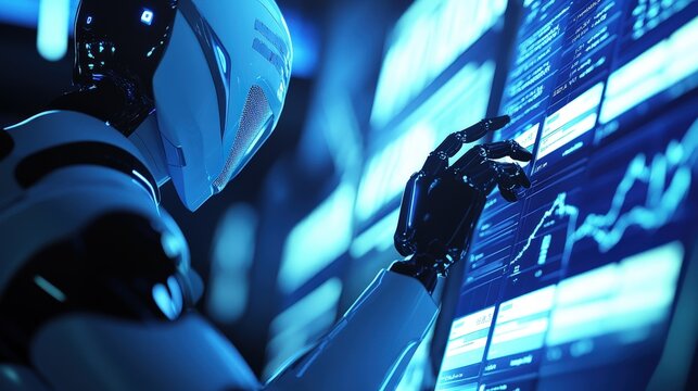 Robot analyzing data on digital screens in a futuristic financial environment. Concept of artificial intelligence, technology, and stock market analysis for investment strategies.