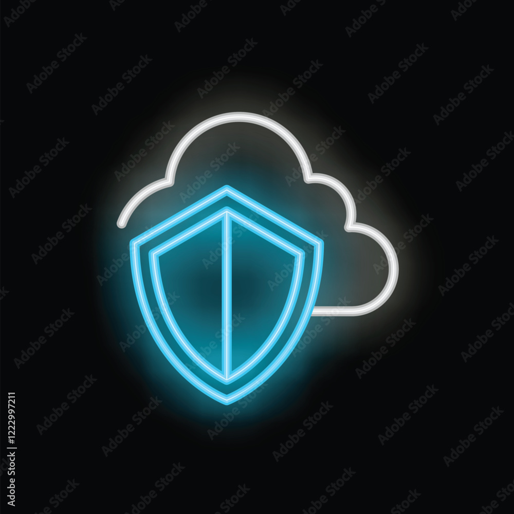 Poster neon blue shield is protecting a cloud computing data storage system in this illustration