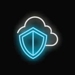 Fototapeta premium Neon blue shield is protecting a cloud computing data storage system in this illustration