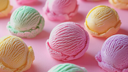 Obraz premium Colorful assortment of ice creams displayed against a pink background featuring various flavors and toppings in a visually appealing arrangement