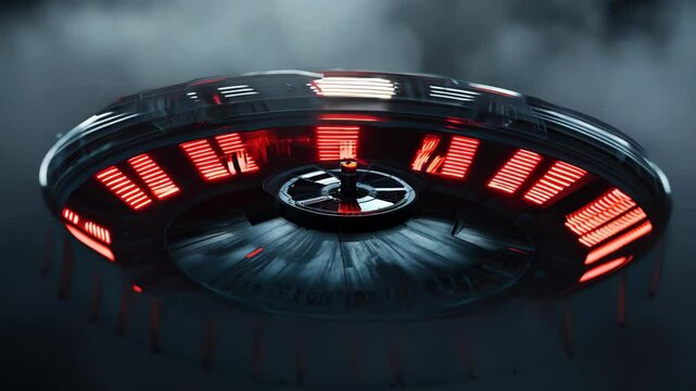 Futuristic UFO with Red Lights Hovering in a Dark Atmosphere