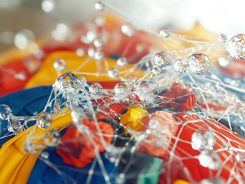 Abstract closeup of vibrant, colorful objects entangled in a delicate web with glistening water droplets.