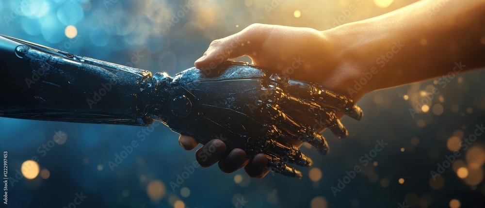 Poster robot arm and human hand shaking to signify collaboration and integration of technology in business,