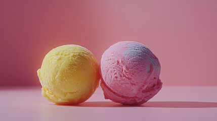 Two colorful ice cream cones on a pink background showcasing different flavors and textures for a vibrant dessert presentation