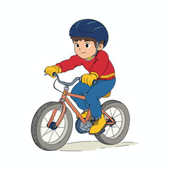 Fototapeta premium Child Riding a Bike, Cute Illustration of Outdoor Fun. A cheerful cartoon child wearing a helmet and warm clothes is depicted riding a bicycle.
