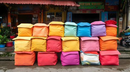 Colorful beanbags stacked outdoors, shop background