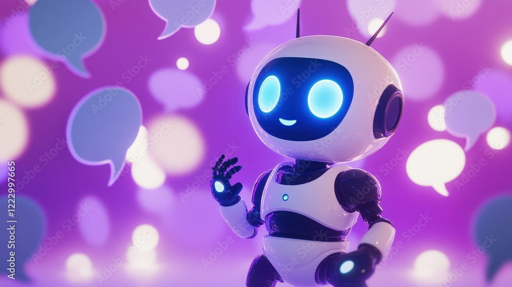 Poster robot character with glowing eyes engaging in conversation, surrounded by speech bubbles and colorfu