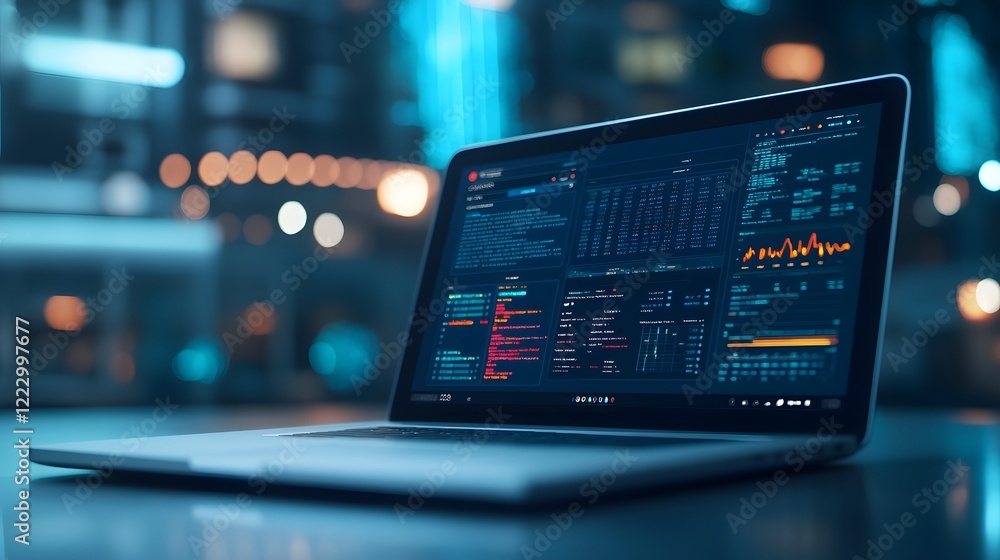 Aufkleber clean and minimal dashboard interface on laptop with abstract blue glow background