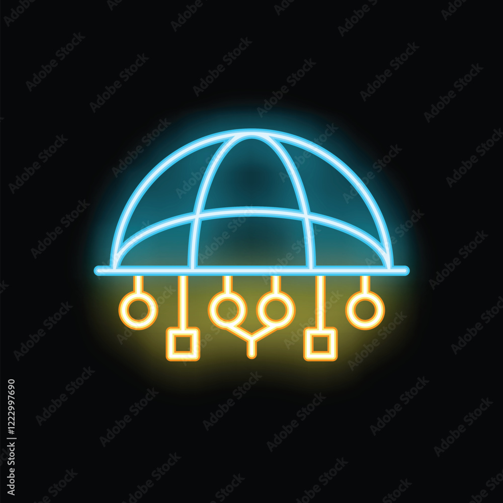 Poster neon glowing icon of a global network connecting different devices over a dark background