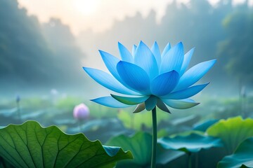 Obraz premium Rare Blue Lotus Flower Blooms in Serene Morning Light Over Tranquil Water
