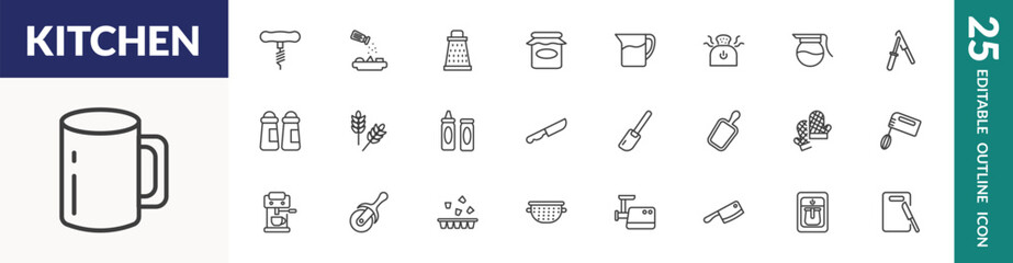 outline kitchen icons set. editable linear corkscrew, grater, pitcher, and other 22 icons in this category isolated on transparent background.