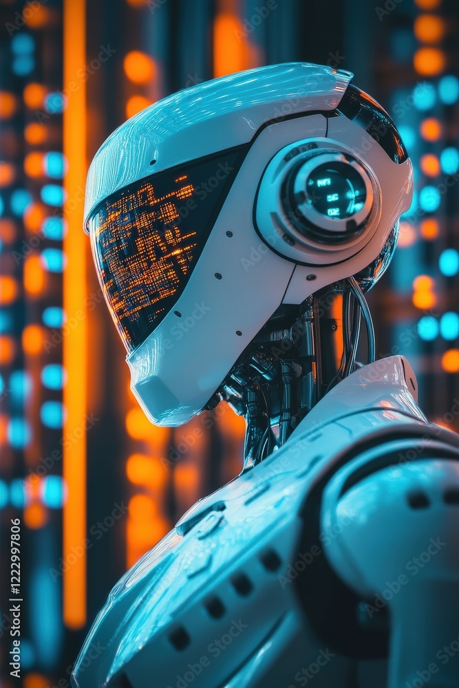 Poster robot, futuristic technology concept with illuminated background, showcasing advancements in artific