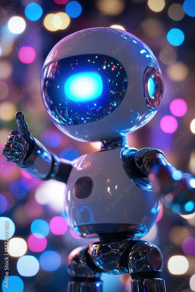 Poster robot, futuristic technology with glowing blue light and colorful bokeh background. innovation, auto