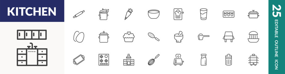 outline kitchen icons set. editable linear rolling pin, pastry bag, recipe, and other 22 icons in this category isolated on transparent background.