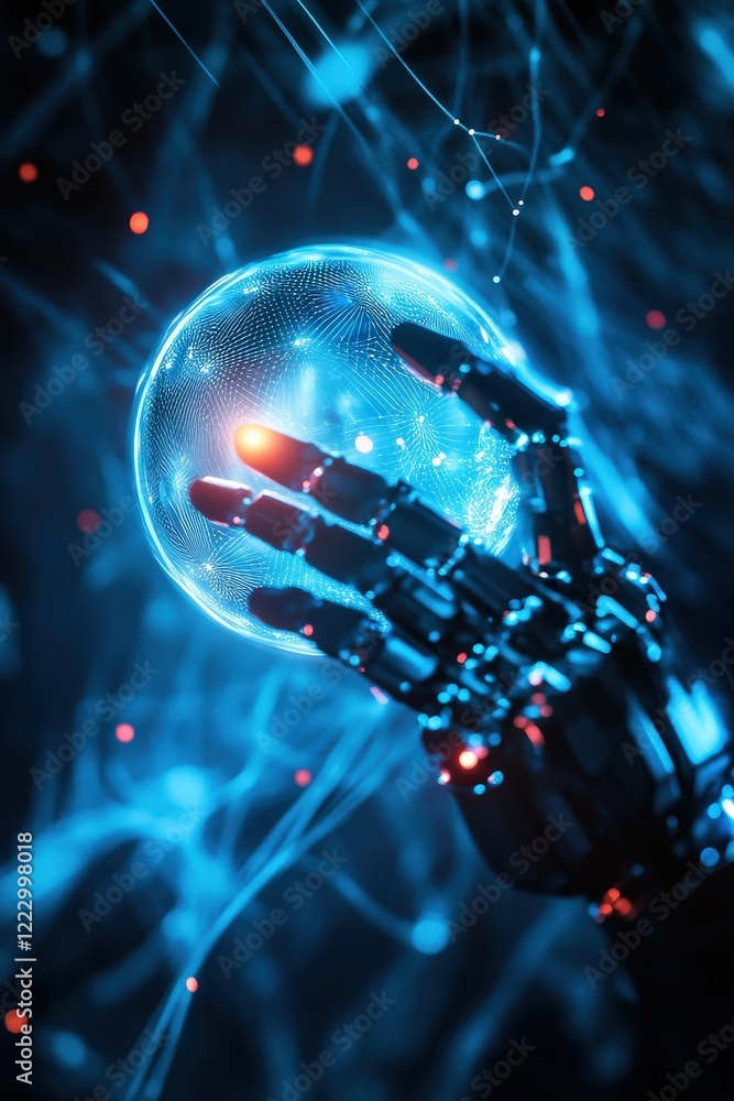 Poster robot hand, glowing sphere, and digital connections in futuristic technology environment showcasing 