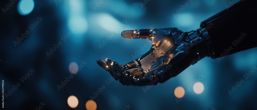 Poster robot hand extended, showcasing advanced technology and engineering in futuristic setting, symbolizi