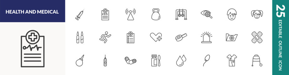 outline health and medical icons set. editable linear injection, non ionizing radiation, rings, and other 22 icons in this category isolated on transparent background.