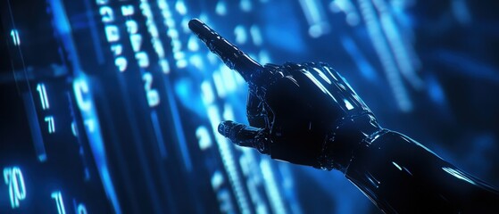 Robot hand interacting with digital data display, showcasing technology integration and futuristic innovation in data analysis and artificial intelligence applications.