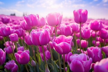 Obraz premium Purple tulips field flower landscape outdoors.