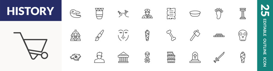 outline history icons set. editable linear diaur, archaeological, old paper, and other 22 icons in this category isolated on transparent background.