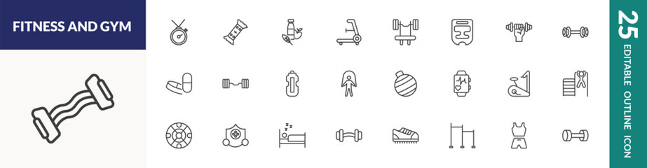 Fototapeta premium outline fitness and gym icons set. editable linear training watch, fitness nutrition, barbell bench press, and other 22 icons in this category isolated on transparent background.