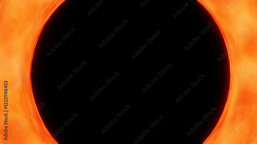 Poster flashing red fire color round frame on black background. 3d render animation