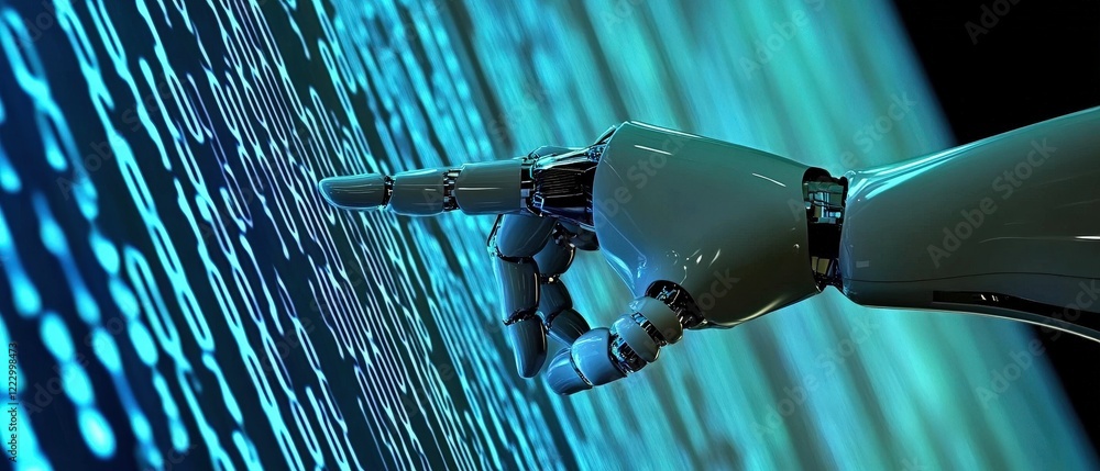 Poster robot hand pointing at digital data stream, symbolizing artificial intelligence, technology advancem