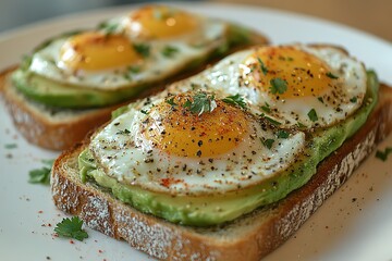 Avocado toast topped with fried eggs seasoned with pepper and herbs