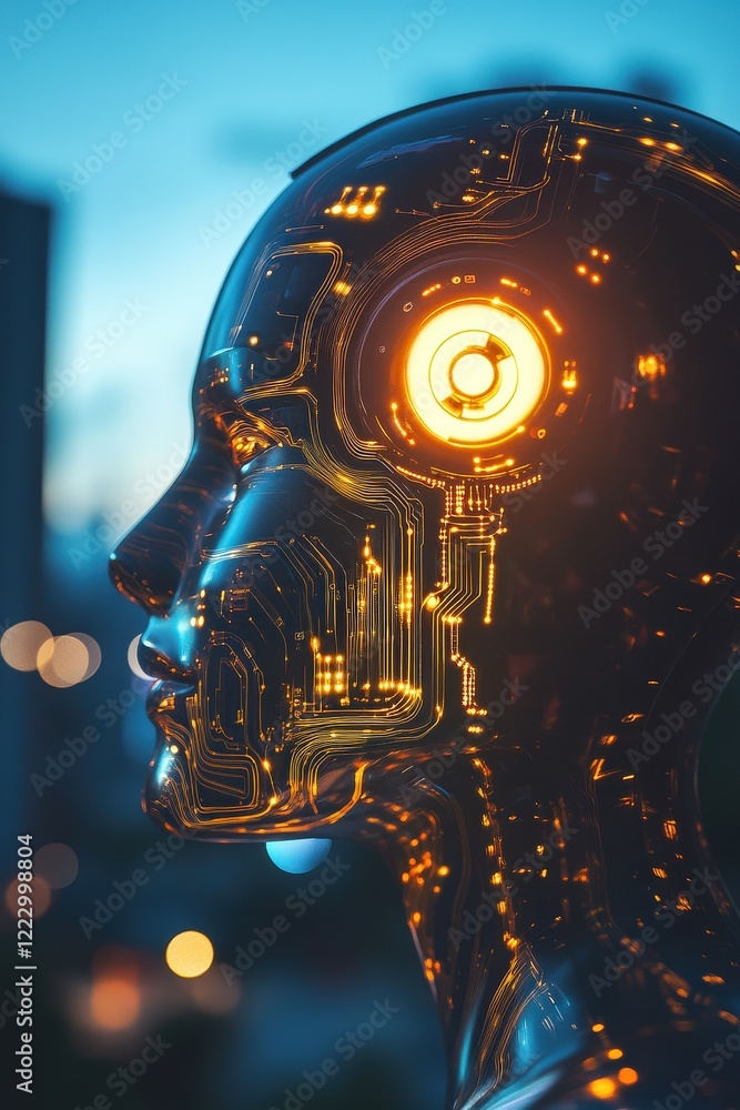 Poster robot head illuminated with glowing circuitry at dusk, showcasing technology advancement in artifici