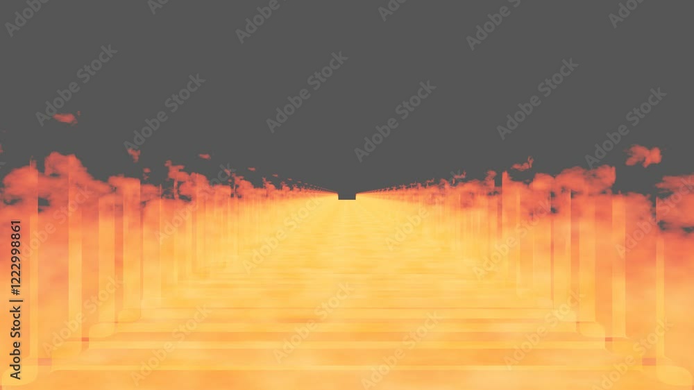 Poster endless forward movement inside a rectangular burning tunnel. 3d render looped animation