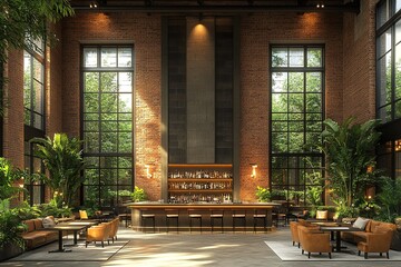 A sunlit interior space featuring a bar lounge seating and large windows overlooking lush greenery