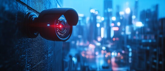 Closeup of a CCTV security camera with a bluetinted smart city skyline, representing advanced urban surveillance systems, digital technology, ultrarealistic, 4K resolution